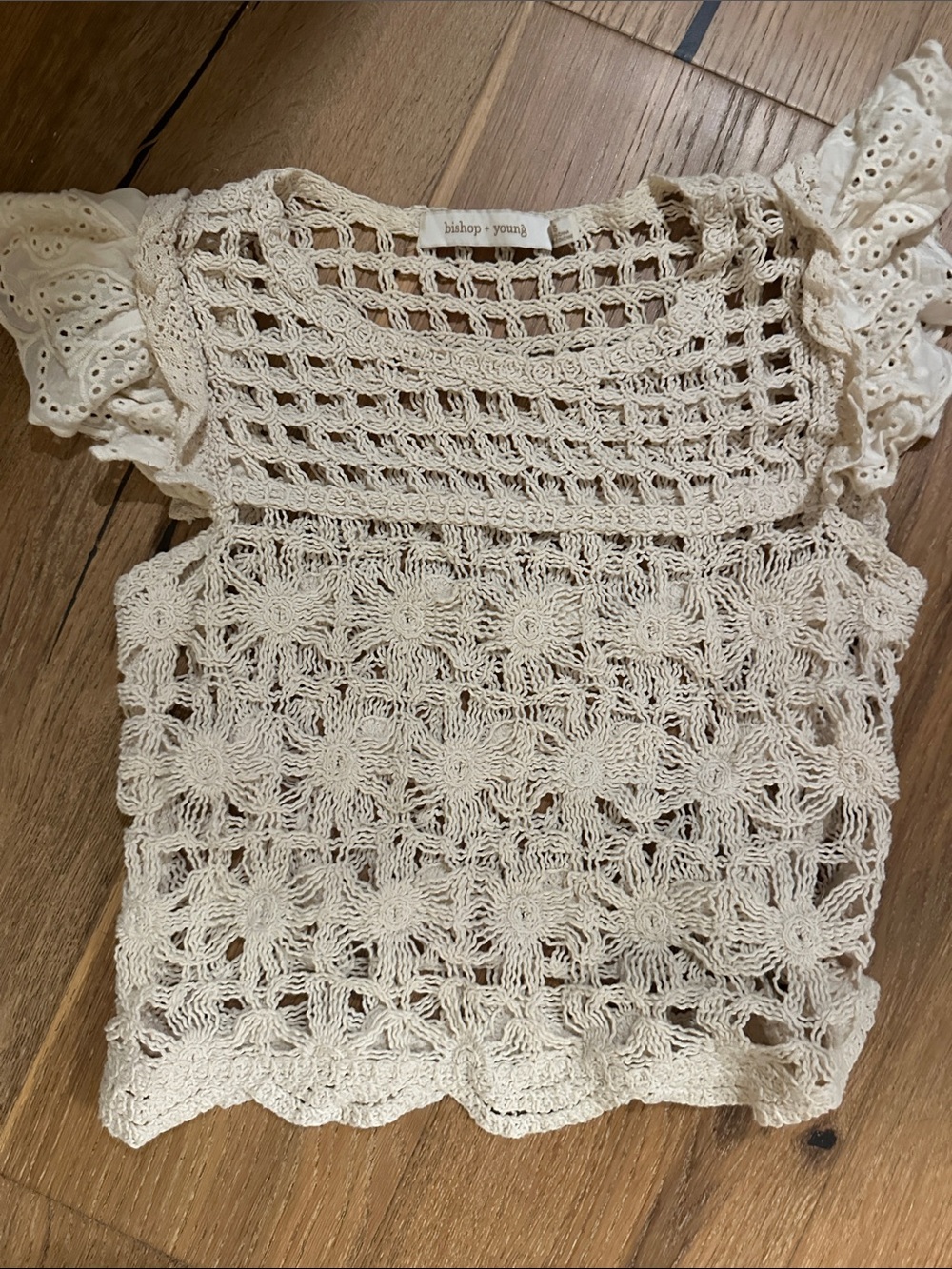 Bishop + Young cream crochet ruffle sleeve crop top